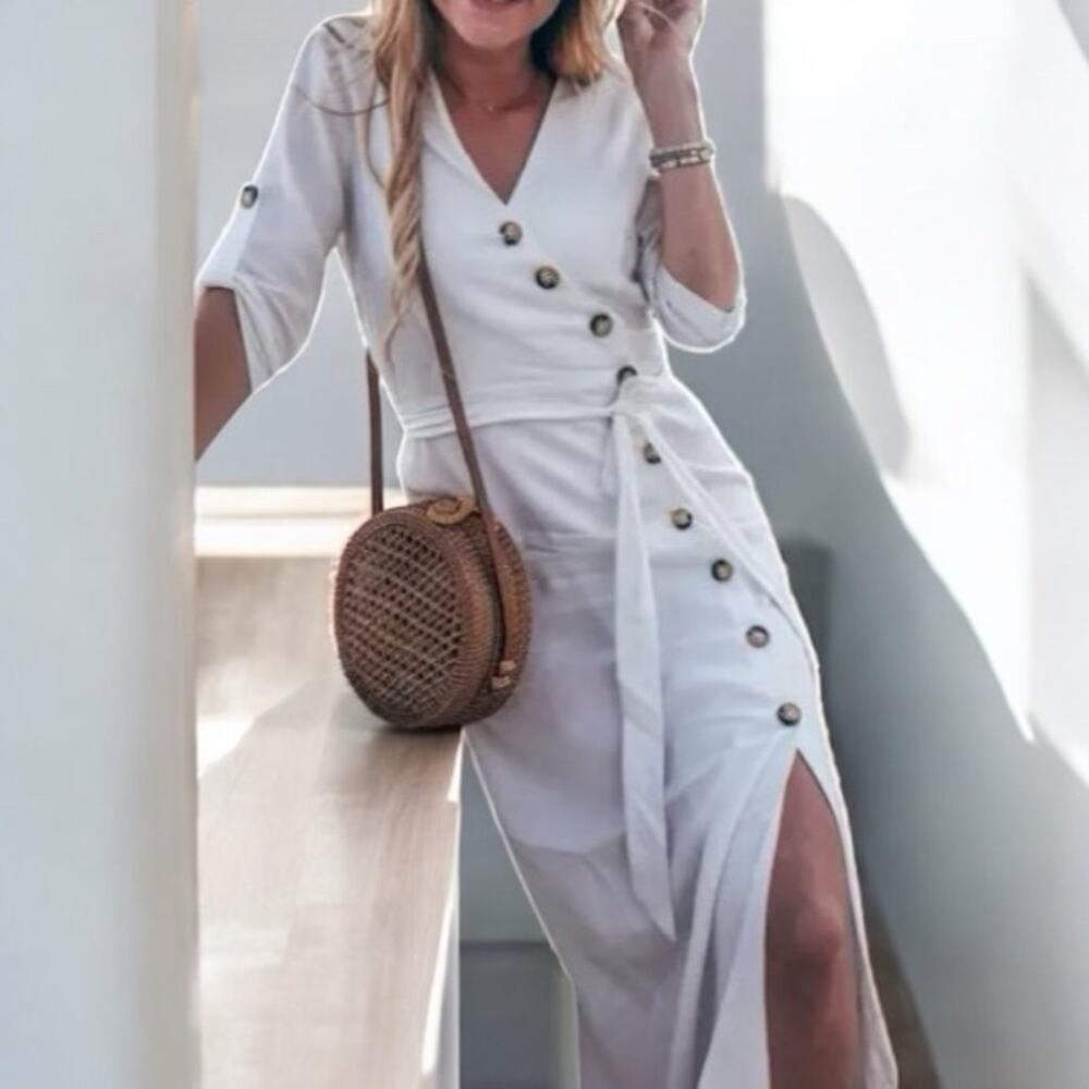 ZARA White Asymmetric Button Detail Midi Dress Tie Waist Linen Blend XS EUC